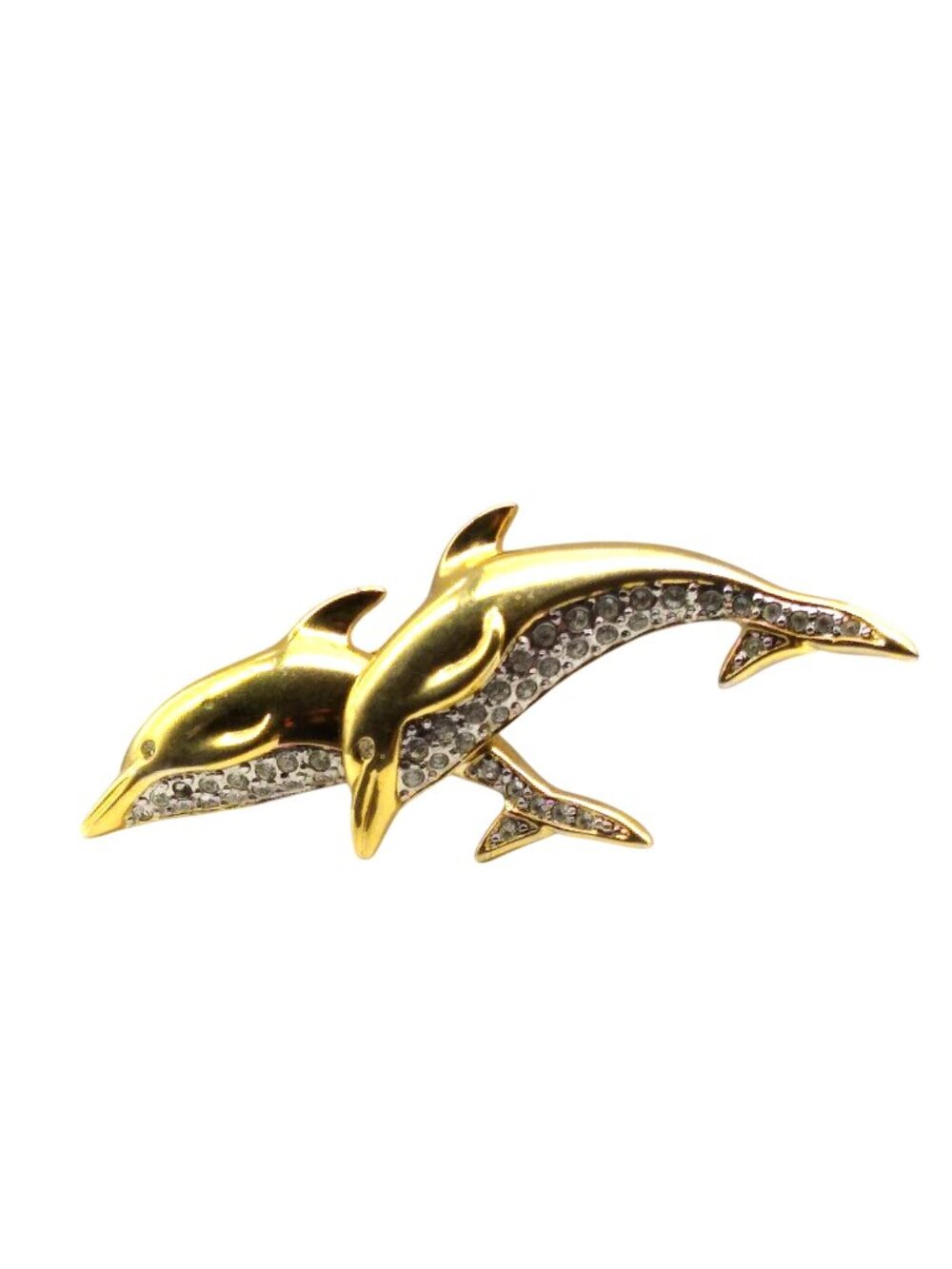 Vintage Pave Leaping Dolphins Brooch, Gold Tone with Clear Crystals